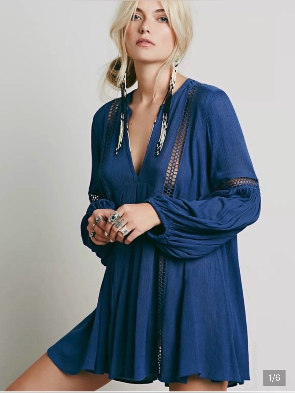 Free People Babydoll Lace Inset Swing Tunic in Colour Washed Indigo Size XS